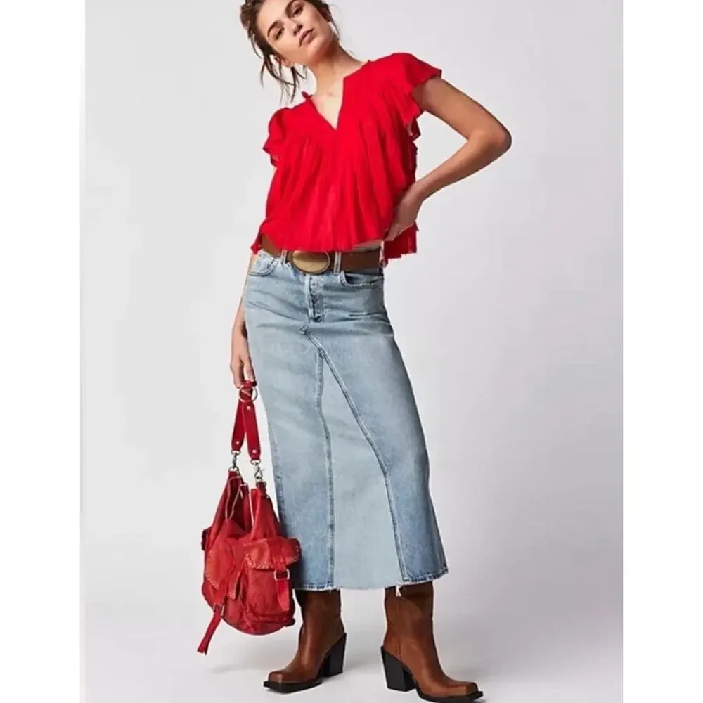 Free People One Padma Crinkle Gauze Flutter Sleeve V-Neck Top Medium